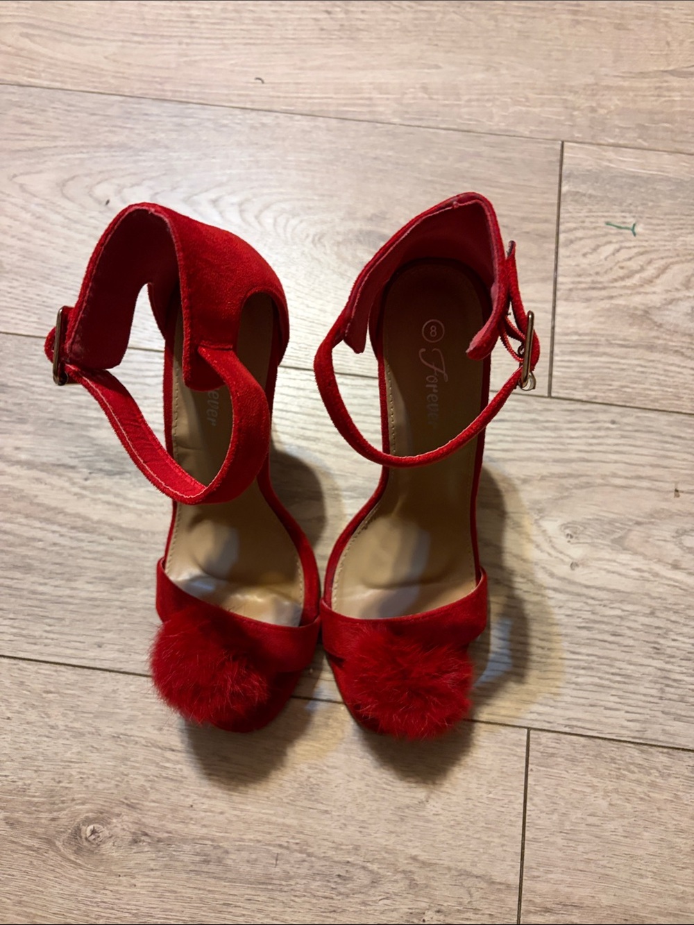 Forever 21 Red Faux Fur Ankle-Strap Heels